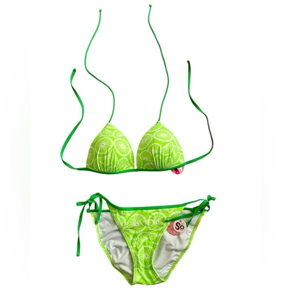 NWT New SO Neon Green White Limes Fruit Triangle String Bikini XL